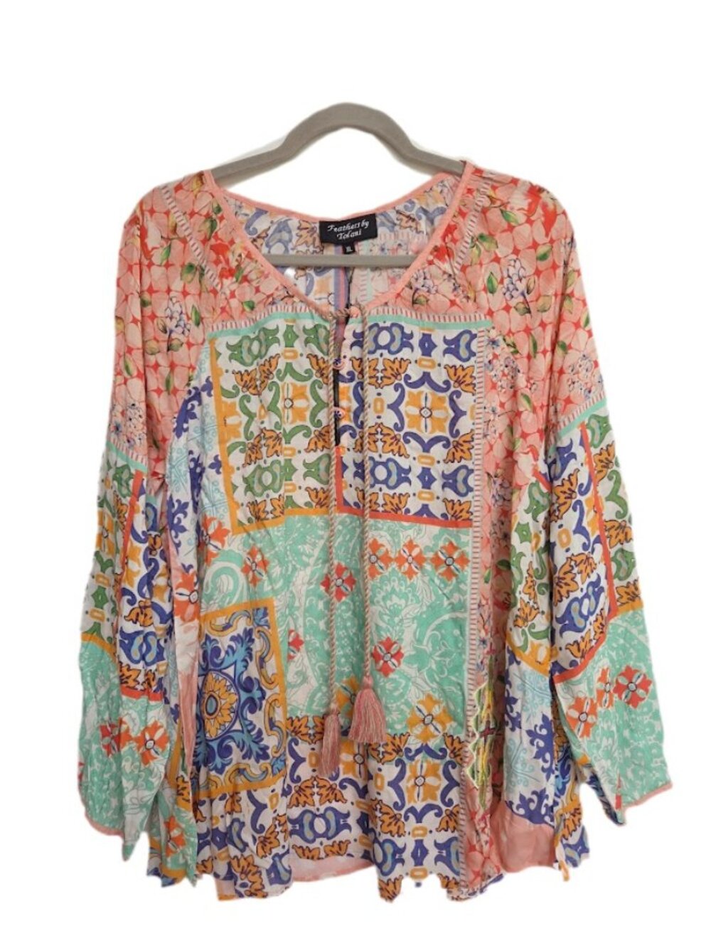 NWT Feathers by Tolani Printed Embroidered Blouse Peasant Tassels XL